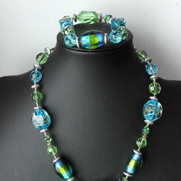 Art glass blue green beaded choker necklace and bracelet set lampwork Murano - Picture 6 of 8